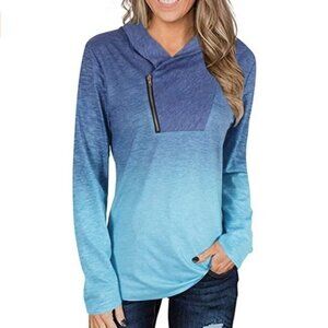 Cyanstyle Asymmetric Zipper Neckline Pullover Top Ombre Coastal Grandma Artsy L